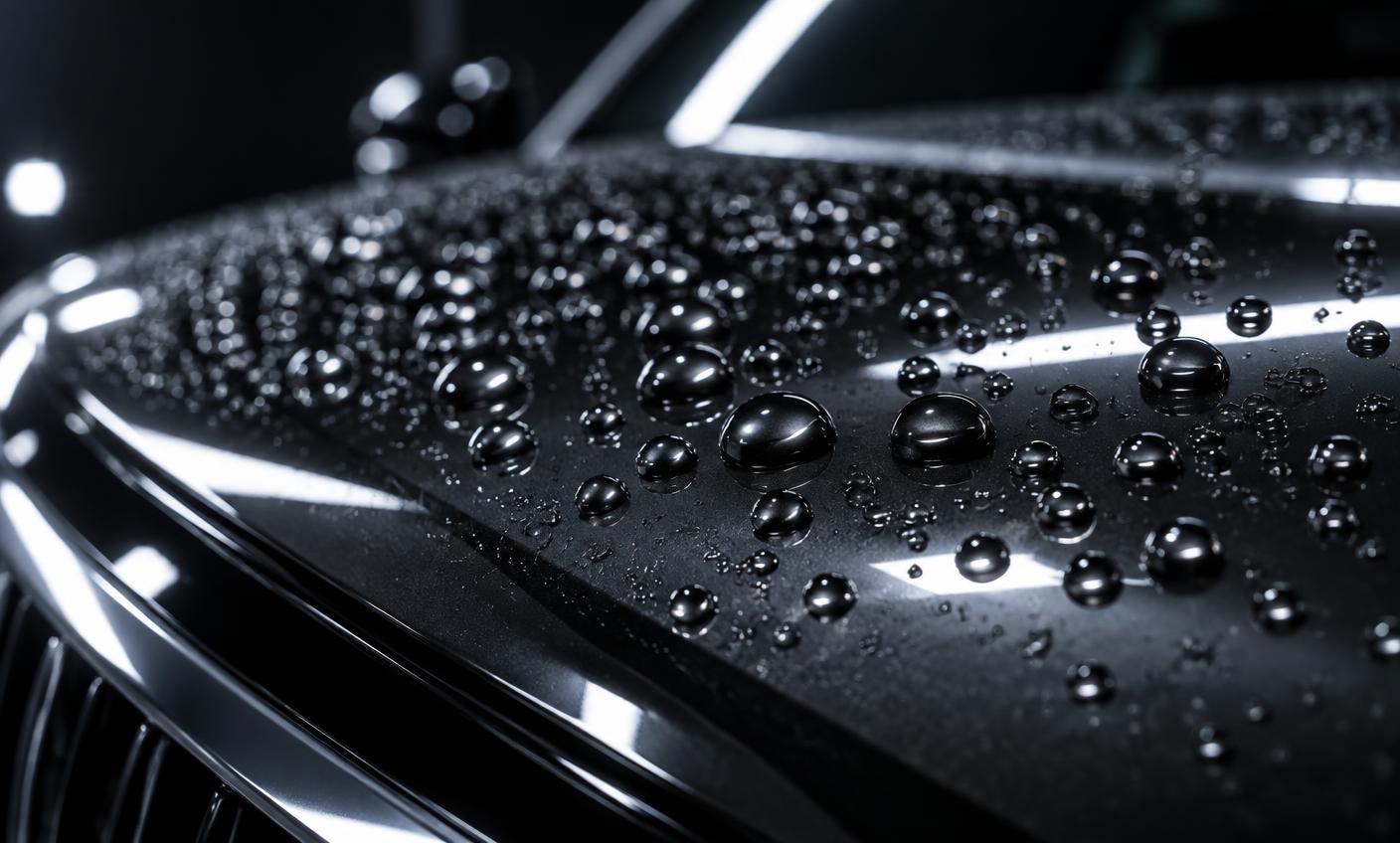 Water beading on a freshly ceramic-coated hood