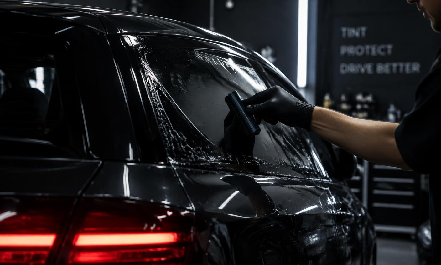 Window tint being applied with a squeegee in a dark workshop